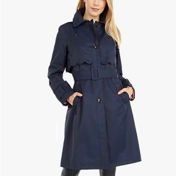 kate spade Jackets & Blazers - Kate Spade Scalloped Hooded Trench Coat Navy Blue Size S